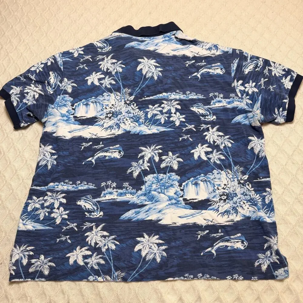 POLO RALPH LAUREN Polo Shirt Men Large Blue Hawaiian Tropical Fishing Resort 2XB